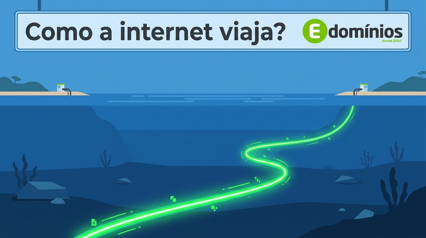 Ilustração no formato paisagem mostrando um cabo luminoso brilhante no fundo do oceano conectando dois continentes, representando a internet de alta velocidade.