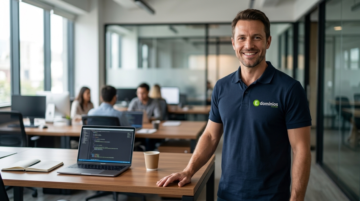 Homem em pé no escritório moderno, apoiado ao lado de uma mesa com notebook, vestindo polo azul-marinho com o logo da E-Domínios e sorrindo.
